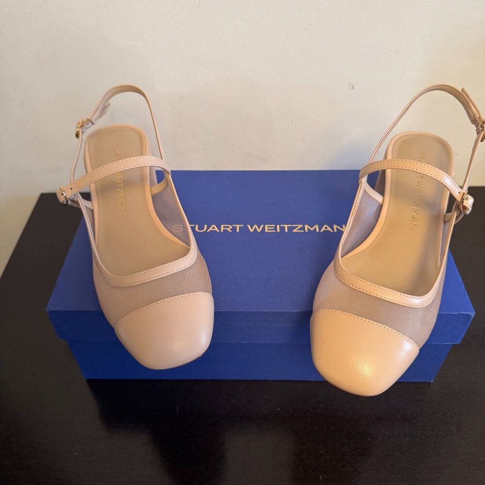 Stuart Weitzman Maeve Mary Jane Slingback Heels – Beige Mesh – Size 8